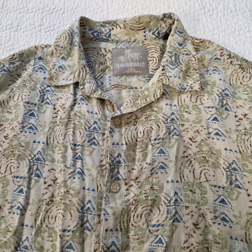 Margaritaville Mens 2XL Silk Linen Abstract Tribal Hawaiian Camp Shirt Beige - Picture 2 of 6